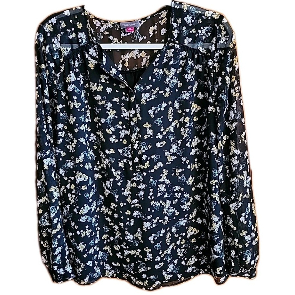 Vince Camuto Black Floral Long Sleeve Blouse Lined Size Medium A2